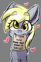 Size: 1000x1512 | Tagged: safe, artist:cottonsweets, derpy hooves, pegasus, pony, g4, blushing, bronybait, chest fluff, cross-eyed, cute, daaaaaaaaaaaw, derp, derpabetes, eye clipping through hair, featured image, female, halfbody, heart, i love you, looking at you, mare, mouth hold, note, outline, positive ponies, simple background, smiling, smiling at you, solo