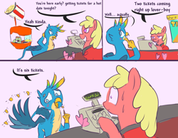Size: 3099x2403 | Tagged: safe, artist:skunkstripe, gallus, griffon, pony, g4, blushing, cash register, comic, dialogue, dumb yung-six comics, gallus gets all the creatures, gallus gets all the mares, hearts and hooves day, high res, holiday, implied bisexual, implied gay, implied shipping, implied straight, implied student six, polyamory, student six omniship, valentine's day