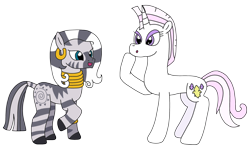 Size: 2958x1780 | Tagged: safe, artist:supahdonarudo, fleur-de-lis, zecora, pony, unicorn, zebra, series:fleurbuary, g4, alternate hairstyle, ear piercing, earring, jewelry, mane swap, necklace, piercing, raised hoof, simple background, transparent background