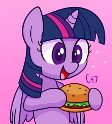 Size: 543x600 | Tagged: safe, artist:handgunboi, twilight sparkle, alicorn, pony, g4, burger, cute, female, food, happy, mare, meat, simple background, solo, that pony sure does love burgers, twiabetes, twilight burgkle, twilight sparkle (alicorn)
