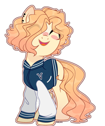 Size: 1841x2200 | Tagged: safe, artist:yourfiend, oc, oc only, oc:virumi, earth pony, pony, blushing, clothes, ear piercing, earring, eyes closed, female, jacket, jersey, jewelry, mare, open mouth, piercing, simple background, solo, transparent background, varsity jacket