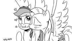 Size: 1200x675 | Tagged: safe, artist:pony-berserker, fluttershy, rainbow dash, pegasus, pony, pony-berserker's twitter sketches, g4, black and white, female, grayscale, halftone, heart, i can't believe it's not idw, kissing, lesbian, lip bite, mare, monochrome, ship:flutterdash, shipping, signature, simple background, spread wings, white background, wings