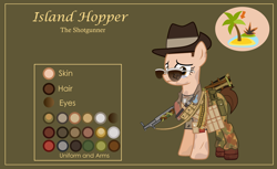 Size: 3000x1832 | Tagged: safe, alternate version, artist:n0kkun, oc, oc only, oc:island hopper, earth pony, pony, bandolier, belt, boots, broken glasses, bullet, camouflage, clothes, crying, dirt, dog tags, female, glasses, green background, gun, hat, knife, mare, military, mud, nervous, pants, pouch, reference sheet, sad, scar, scarf, shirt, shoes, shotgun, simple background, slouch hat, solo, sunglasses, t-shirt, traumatized, weapon, world war ii