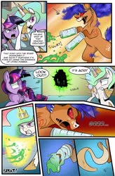 Size: 1280x1949 | Tagged: safe, artist:candyclumsy, princess celestia, twilight sparkle, oc, alicorn, pony, comic:curse and madness, g4, acid, bandage, force field, magic, mlpcam, partial transformation, syringe, transformation, twilight sparkle (alicorn)