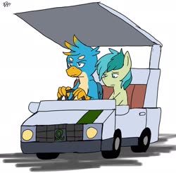 Size: 2048x2010 | Tagged: safe, alternate version, artist:omegapony16, gallus, sandbar, earth pony, griffon, pony, g4, colored, driving, duo, frown, golf cart, high res, japanese, male, simple background, sitting, stallion, unamused, white background