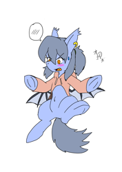 Size: 2508x3541 | Tagged: safe, artist:omegapony16, oc, oc only, oc:oriponi, bat pony, pony, :o, bat pony oc, blushing, clothes, ear piercing, earring, embarrassed, featureless crotch, female, frog (hoof), high res, hoodie, jewelry, mare, open mouth, pictogram, piercing, signature, simple background, solo, spread wings, underhoof, white background, wings
