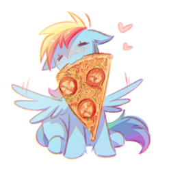 Size: 1050x1050 | Tagged: artist needed, safe, rainbow dash, pegasus, pony, blushing, cute, dashabetes, drawthread, female, food, heart, mouth hold, nom, pizza, simple background, sitting, solo, spread wings, that pony sure does love pizza, white background, wings