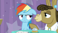 Size: 1920x1080 | Tagged: safe, screencap, matilda, rainbow dash, donkey, pegasus, pony, a trivial pursuit, g4, bell, curtains, ear piercing, earring, female, floppy ears, grin, jewelry, lidded eyes, looking at each other, piercing, smiling, table