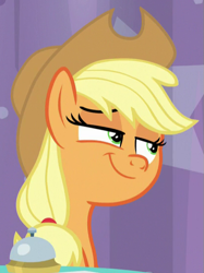 Size: 411x550 | Tagged: safe, screencap, applejack, earth pony, pony, a trivial pursuit, g4, bell, cropped, female, mare, solo