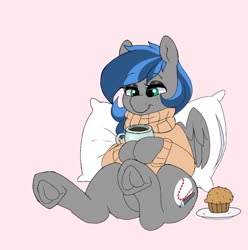 Size: 1016x1024 | Tagged: safe, artist:littlebibbo, oc, oc only, oc:bibbo, pegasus, pony, clothes, coffee, female, food, freckles, frog (hoof), holding, lidded eyes, looking down, mare, muffin, mug, pillow, sitting, smiling, solo, sweater, underhoof
