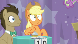 Size: 1920x1080 | Tagged: safe, screencap, applejack, doctor whooves, spike, time turner, dragon, earth pony, pony, a trivial pursuit, g4, bell, bowtie, cowboy hat, female, flying, hat, male, mare, stallion, winged spike, wings