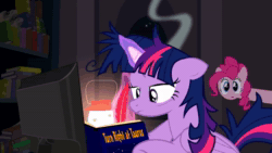 Size: 1280x720 | Tagged: safe, artist:yudhaikeledai, pinkie pie, twilight sparkle, alicorn, earth pony, pony, g4, animated, bipedal, blinking, book, bookshelf, breakfast, computer, cookie, cooking, duo, duo female, egg, egg head, eyes closed, feather, female, floppy ears, food, glowing horn, heat, horn, jumping, lantern, magic, magic aura, messy mane, mouth hold, open mouth, pan, pancakes, plate, quill, shocked, smoke, sound, surprised, teeth, twilight sparkle (alicorn), webm