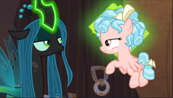 Size: 1668x942 | Tagged: safe, screencap, cozy glow, queen chrysalis, g4, the summer sun setback, cropped, duo, female, glowing horn, horn, lidded eyes, looking at each other, smug
