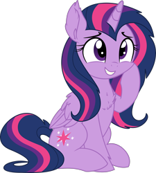 Size: 3152x3500 | Tagged: safe, artist:cyanlightning, artist:slb94, twilight sparkle, alicorn, pony, g4, alternate hairstyle, chest fluff, cute, female, high res, mare, raised hoof, simple background, sitting, smiling, solo, transparent background, twiabetes, twilight sparkle (alicorn), vector