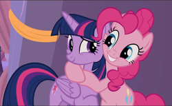 Size: 1530x942 | Tagged: safe, screencap, pinkie pie, twilight sparkle, alicorn, earth pony, pony, g4, the summer sun setback, cheek squish, cute, diapinkes, female, hug, looking at each other, mare, smiling, squishy cheeks, twiabetes, twilight sparkle (alicorn)