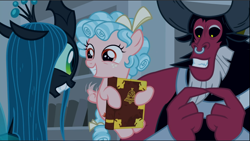 Size: 1668x943 | Tagged: safe, screencap, cozy glow, lord tirek, queen chrysalis, centaur, changeling, changeling queen, pegasus, pony, g4, season 9, the summer sun setback, book, bow, bracer, canterlot library, cozybetes, cropped, crown, cute, cutealis, excited, eye contact, female, filly, flying, grin, grogar's bell, hair bow, jewelry, legion of doom, library, looking at each other, male, mare, nose piercing, nose ring, piercing, regalia, septum piercing, sharp teeth, smiling, tail bow, teeth, tirebetes, trio