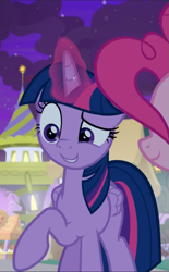Size: 581x939 | Tagged: safe, screencap, pinkie pie, twilight sparkle, alicorn, earth pony, pony, g4, the summer sun setback, cropped, cute, female, glowing horn, horn, mare, offscreen character, raised hoof, solo focus, twiabetes, twilight sparkle (alicorn)