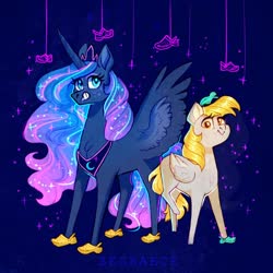 Size: 1280x1280 | Tagged: safe, artist:segraece, derpy hooves, princess luna, alicorn, pegasus, pony, g4, clothes, crocs, horn, jewelry, regalia, shoes, smiling, sparkles, spread wings, wings