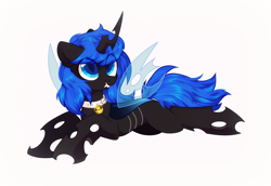 Size: 2408x1660 | Tagged: safe, artist:mirtash, oc, oc only, oc:blue visions, changeling, bell, bell collar, blue changeling, changeling oc, collar, fangs, simple background, solo, white background