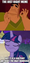 Size: 500x1030 | Tagged: safe, edit, edited screencap, screencap, twilight sparkle, alicorn, human, pony, g4, the summer sun setback, caption, comparison, disney, image macro, meme, pacha, text, the emperor's new groove, twilight sparkle (alicorn), when x just right, 👌