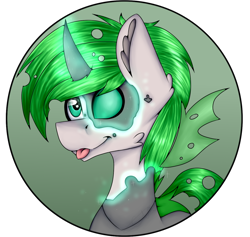 Size: 1274x1209 | Tagged: safe, artist:chazmazda, oc, oc only, changeling, pony, :p, commission, commissions open, digital art, green changeling, highlight, horn, magic, profile picture, shade, shading, simple background, solo, tongue out, transparent background, wings, your character here