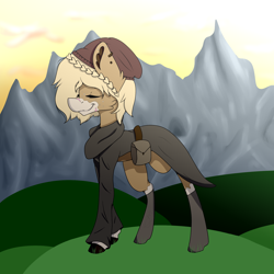Size: 2000x2000 | Tagged: safe, artist:chazmazda, oc, oc only, pony, bag, clothes, commission, commissions open, digital art, high res, lanky, mountain, saddle bag, skinny, solo, tall, thin