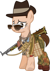 Size: 1280x1795 | Tagged: safe, alternate version, artist:n0kkun, oc, oc only, oc:island hopper, earth pony, pony, bandolier, belt, boots, broken glasses, bullet, camouflage, clothes, crying, dirt, dog tags, female, glasses, gun, hat, knife, mare, military, mud, nervous, pants, pouch, sad, scar, scarf, shirt, shoes, shotgun, simple background, slouch hat, solo, sunglasses, t-shirt, transparent background, traumatized, weapon, world war ii