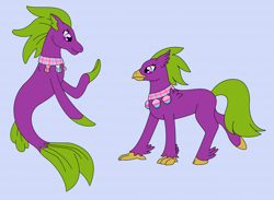 Size: 2864x2094 | Tagged: safe, artist:chili19, oc, oc only, oc:nana, classical hippogriff, hippogriff, merpony, seapony (g4), amputee, claws, duo, female, fins, high res, hippogriff oc, missing limb, purple eyes, seashell necklace, smiling, wingless