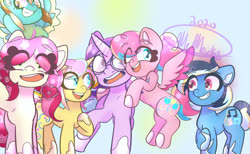 Size: 1300x800 | Tagged: safe, artist:mcmaxks, blues, lightning dust, noteworthy, pinkie pie, roseluck, starlight glimmer, earth pony, pegasus, pony, unicorn, g4, female, flying, g5 concept leak style, g5 concept leaks, glasses, happy, hooves, mare, pegasus pinkie pie, pinkie pie (g5 concept leak), race swap, raised hoof, redesign, simple background, smiling, spread wings, wings