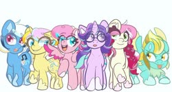 Size: 1080x579 | Tagged: artist needed, source needed, safe, blues, lightning dust, noteworthy, pinkie pie, roseluck, starlight glimmer, earth pony, pegasus, pony, unicorn, g4, female, g5 concept leak style, g5 concept leaks, glasses, happy, hooves, mare, pegasus pinkie pie, pinkie pie (g5 concept leak), race swap, raised hoof, redesign, simple background, smiling, spread wings, wings