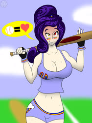Size: 3000x4000 | Tagged: safe, artist:black--wave, rarity, human, g4, alternate hairstyle, baseball, baseball bat, breasts, busty rarity, clothes, cloud, female, grin, heart, humanized, implied rainbow dash, mind control, pictogram, shorts, smiling, solo, sports