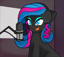 Size: 2424x2152 | Tagged: safe, artist:caoscore, oc, oc only, oc:obabscribbler, earth pony, pony, eyeshadow, female, headphones, high res, makeup, microphone, smiling, solo