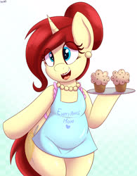 Size: 3144x4038 | Tagged: safe, artist:an-tonio, oc, oc only, oc:golden brooch, pony, unicorn, semi-anthro, adorkable, apron, arm hooves, bipedal, chubby, clothes, cute, dork, ear piercing, food, hair bun, happy, housewife, jewelry, lipstick, mom, muffin, necklace, open mouth, pearl necklace, piercing, red lipstick, smiling, solo, tray