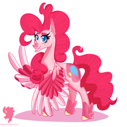 Size: 1300x1300 | Tagged: safe, artist:joy17fan, pinkie pie, pegasus, pony, g4, coat markings, female, g5 concept leak style, g5 concept leaks, hooves, mare, pegasus pinkie pie, pinkie pie (g5 concept leak), race swap, simple background, smiling, solo, white background, wings