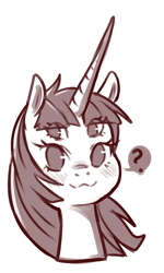 Size: 384x638 | Tagged: safe, artist:cold-blooded-twilight, oc, oc only, oc:fausticorn, alicorn, pony, :3, eye clipping through hair, four eyes, looking at you, monochrome, multiple eyes, no pupils, question mark, solo