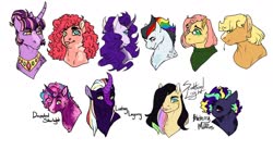 Size: 1280x705 | Tagged: safe, artist:minsona, applejack, fluttershy, pinkie pie, rainbow dash, rarity, twilight sparkle, oc, oc:dappled starlight, oc:lasting legacy, oc:scattered light, earth pony, pegasus, pony, unicorn, g4, alternate design, bust, clothes, female, glasses, hatless, heart eyes, heterochromia, jewelry, kirin hybrid, lesbian, magical lesbian spawn, male, mane six, mare, missing accessory, necklace, next generation, offspring, omniship, parent:applejack, parent:fluttershy, parent:pinkie pie, parent:rainbow dash, parent:rarity, parent:twilight sparkle, parents:flutterdash, parents:pinkiedash, parents:rarilight, parents:twinkie, polyamory, shipping, simple background, stallion, straw in mouth, sweater, sweatershy, tongue out, white background, wingding eyes
