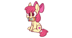 Size: 900x480 | Tagged: safe, artist:higglytownhero, apple bloom, earth pony, pony, g4, adorabloom, animated, beefaroni, bow, can, chef boyardee, cute, digital art, eye clipping through hair, female, filly, gif, hair bow, mouth hold, nom, simple background, sitting, solo, transparent background