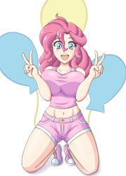 Size: 1000x1400 | Tagged: safe, artist:feudal-fiction, pinkie pie, human, g4, belly button, big breasts, breasts, busty pinkie pie, clothes, converse, cutie mark, cutie mark background, double peace sign, female, humanized, midriff, open mouth, pants, peace sign, shoes, shorts, simple background, socks, solo, white background