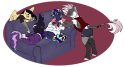 Size: 1280x690 | Tagged: safe, artist:minsona, oc, oc:blueberry muffin, oc:metal sonnet, oc:moonlit rhythm, oc:scattered light, anthro, unguligrade anthro, clothes, couch, magical lesbian spawn, next generation, offspring, parent:fluttershy, parent:pinkie pie, parent:rainbow dash, parents:flutterdash, parents:pinkiedash, siblings