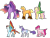 Size: 1280x984 | Tagged: safe, artist:minsona, applejack, fluttershy, pinkie pie, rainbow dash, rarity, twilight sparkle, alicorn, classical unicorn, pony, unicorn, g4, cloven hooves, curved horn, horn, leonine tail, mane six, redesign, ring, simple background, tail feathers, transparent background, twilight sparkle (alicorn), unshorn fetlocks, wedding ring