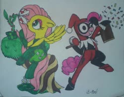 Size: 1013x789 | Tagged: safe, artist:thatguywiththetshirt, fluttershy, pinkie pie, earth pony, pegasus, pony, g4, clothes, clown, comics, confetti, cosplay, costume, dc comics, duo, female, harley quinn, lesbian, lipstick, mallet, pinkie quinn, piranha plant, poison ivy, poison ivyshy, ship:flutterpie, shipping, signature, simple background, super mario bros., traditional art, tree, white background