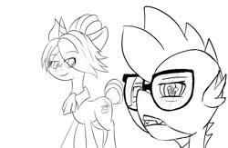 Size: 1280x832 | Tagged: safe, artist:peppertech, raven, spike, dragon, pony, unicorn, g4, ascot, black and white, cute, duo, female, glasses, glasses off, grayscale, hair bun, interspecies, male, mare, monochrome, secretary, ship:ravenspike, shipping, straight