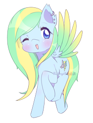 Size: 1500x2000 | Tagged: safe, artist:alilangelkitty, oc, oc only, oc:lightning strike, earth pony, pegasus, pony, cute, ear piercing, earring, earth pony oc, female, hair over one eye, jewelry, mare, ocbetes, one eye closed, pegasus oc, piercing, raised hoof, simple background, solo, transparent background, two toned mane, wings, wink