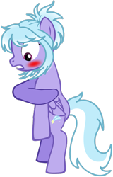 Size: 1599x2500 | Tagged: safe, artist:jawsandgumballfan24, cloudchaser, pegasus, pony, g4, bipedal, blushing, covering, covering crotch, embarrassed, female, mare, simple background, solo, transparent background, we don't normally wear clothes