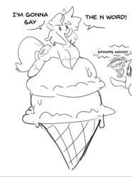 Size: 893x1199 | Tagged: safe, artist:general-irrelevant, oc, oc:elli, oc:scoops, earth pony, pony, unicorn, food, grayscale, i'm going to say the n word, ice cream, ice cream cone, implied racism, monochrome, sketch, text