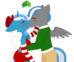 Size: 602x507 | Tagged: safe, artist:xstarrzx, oc, oc:cloud zapper, oc:fleurbelle, alicorn, anthro, adorabelle, alicorn oc, blushing, bow, christmas, clothes, cute, dress, female, fleurpper, hair bow, holiday, horn, kissing, male, mare, mistletoe, pants, pegasus oc, shipping, simple background, socks, sweater, transparent background