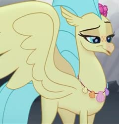 Size: 568x592 | Tagged: safe, screencap, princess skystar, classical hippogriff, hippogriff, g4, my little pony: the movie, :o, cropped, cute, derp, eyelashes, female, flower, flower in hair, jewelry, lidded eyes, necklace, open mouth, skyabetes, solo, spread wings, wings