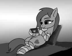 Size: 1200x927 | Tagged: safe, artist:warskunk, oc, oc only, earth pony, pony, black and white, clothes, grayscale, heart, lidded eyes, monochrome, nintendo switch, smiling, socks, solo, striped socks