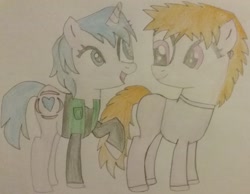 Size: 2164x1676 | Tagged: safe, artist:jerryakiraclassics19, oc, oc only, oc:isabella powell, oc:robin, earth pony, pony, unicorn, clothes, duo, eye contact, female, looking at each other, mare, raised hoof, traditional art, vest