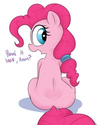 Size: 1200x1500 | Tagged: safe, artist:datte-before-dawn, pinkie pie, earth pony, pony, g4, bronybait, cute, dialogue, diapinkes, dimples of venus, female, implied anon, looking back, mare, ponytail, rear view, sitting, solo
